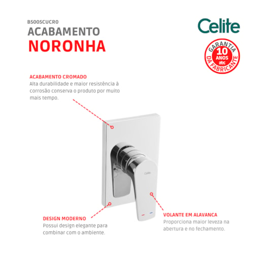 Acabamento De Monocomando Para Chuveiro Noronha Cromado Celite - Imagem principal - 7521811b-685c-4f11-b54d-0bbc7782a2d3