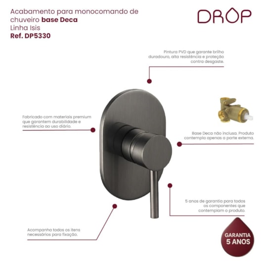 Acabamento Misturador Monocomando Chuveiro Grafite Escovado Drop - Imagem principal - e8bb41e2-bc8f-4b8f-88d1-cdcc5bec8903