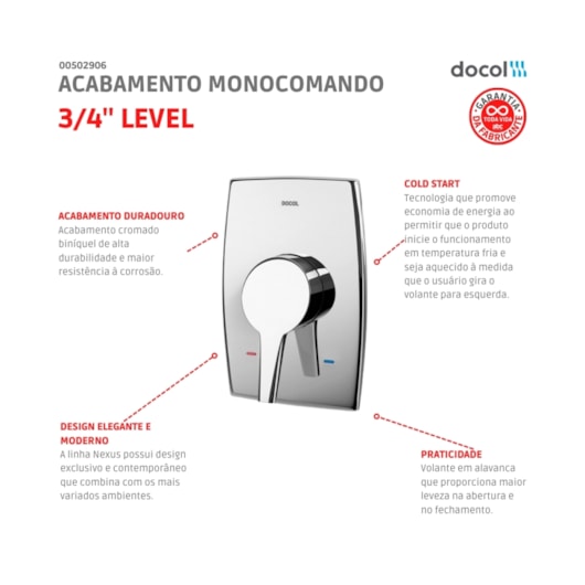 Acabamento Monocomando De Chuveiro Nexus 3/4 Alta E Baixa Pressão Cromado Docol - Imagem principal - a2f06383-c303-4683-ac8d-e0c92f556dde