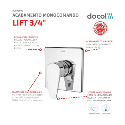 Acabamento Monocomando Para Chuveiro Lift 3/4 Baixa Pressão Cromado Docol - Imagem principal - 9b8d2f6e-0044-4d9f-b804-ac756b9180bc