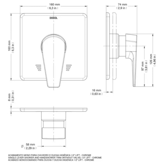 Acabamento Monocomando Para Chuveiro Lift 3/4 Baixa Pressão Cromado Docol - Imagem principal - e901e898-ff0a-4dc5-ad91-556f5065c5dd