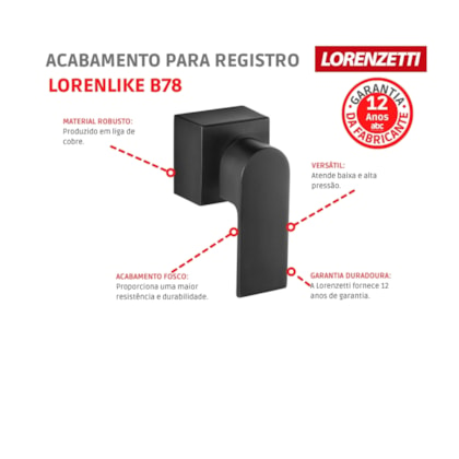 Acabamento Para Registro De Gaveta E Pressão LorenLike 3/4 4906 B78 Preto Lorenzetti