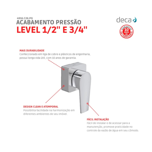 Acabamento Para Registro De Pressão Level 1/2 3/4 4916 Cromado Deca - Imagem principal - f8896550-a7ca-4824-b3fe-43c6e24039cb