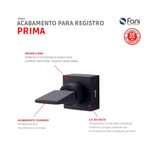 Acabamento para Registro Preto Fosco Prima 509 3/4 BK210 1/2, 3/4 e 1 Fani - Imagem principal - 52e462e5-c959-4cd3-98a1-fb3566c83a9c