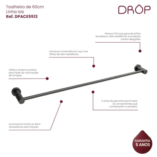 Acessório Toalheiro Para Banheiro Grafite Escovado Drop 60 cm - Imagem principal - 76a02b64-505f-4eec-bcbc-98caa787d4d8