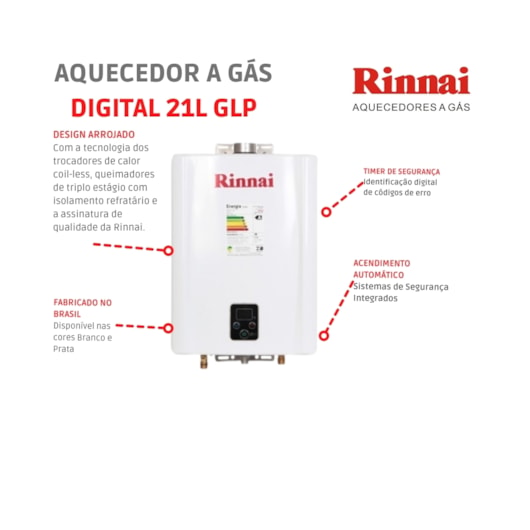 Aquecedor A Gás Digital 21 Litros Glp E211 Feh Branco Rinnai - Imagem principal - 99b32e46-6105-4638-856c-5afc1fe8b6a4