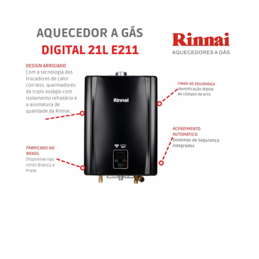 Aquecedor A Gás Digital 21l E21 Black Glp Rinnai - Imagem principal - 1677c8c4-13e3-4ee9-b91c-4f7f0845ffcd