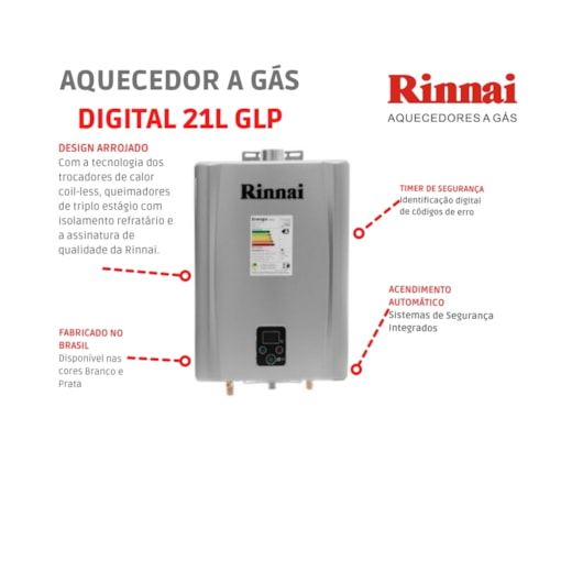 Aquecedor A Gás Digital 21l Glp E21 1 Feh Prata Rinnai - Imagem principal - 7c3aa89f-8f36-4f8e-88a0-8e7f7f653929