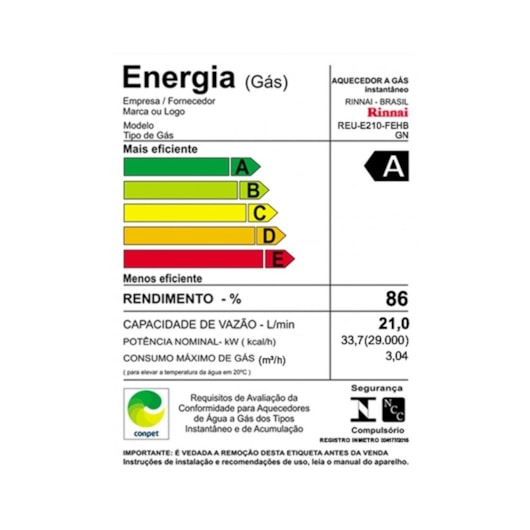Aquecedor A Gás Digital 21l Gn E21 Feh Branco Rinnai - Imagem principal - 6be2a80a-ca8a-425b-8161-c4463908ed0a