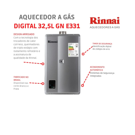 Aquecedor A Gás Digital 32,5l Glp E33 Feh Prata Rinnai - Imagem principal - 687269d1-1a9f-4787-bd91-b9c20cc9fd7f