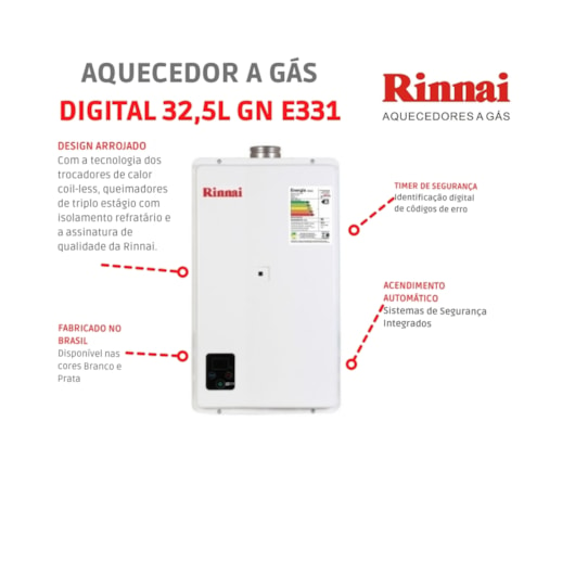 Aquecedor A Gás Digital 32,5l Gn E33 Feh Branco Rinnai - Imagem principal - 36e167f1-7a5c-4020-a8d2-c576eda09012