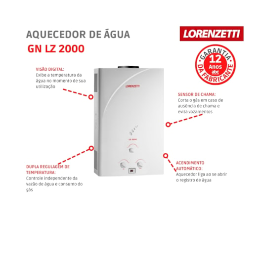 Aquecedor De Água A Gás Mecânico 20l Gn En Lz 2000 Branco Lorenzetti - Imagem principal - f2863c17-84fb-469b-b692-5001d7a3cf73