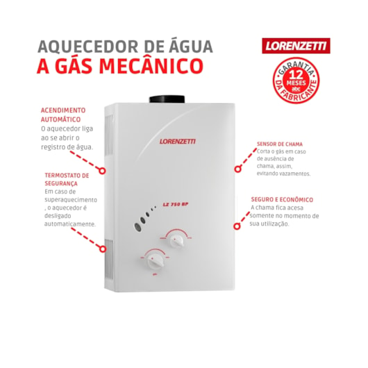 Aquecedor De Água A Gás Mecânico 7,5lts/min Glp EN Lz 750BP Branco Lorenzetti - Imagem principal - 314aad20-285d-42fb-b5d1-5fdc041a8fa8