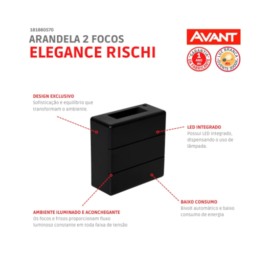 Arandela 2 Focos com Frisos Elegance Rischi 6W Luz Amarela 3000K IP65 Preto Bivolt Avant - Imagem principal - 19dfa176-3e73-4c92-b201-2437376ff2c4