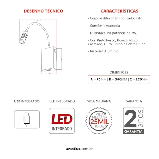 Arandela Led Lettura Ouro Brilho Emissão De Luz Amarela Avant 3W 2700K - Imagem principal - e9736c15-4d5e-4a94-8ba7-fd810072b0e9