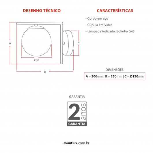 Arandela Pérola Preto Fosco Avant 1xg45 - Imagem principal - d6f94b93-b9da-4ebe-8309-03154bcfc847