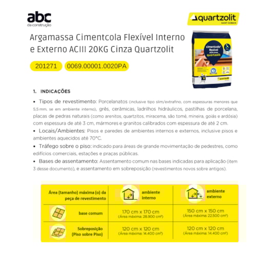 Argamassa Cimentcola Flexível Interno E Externo Ac3 Cinza Quartzolit 20kg - Imagem principal - be0c77bd-0646-481d-adb5-86d5604f8abc