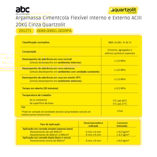 Argamassa Cimentcola Flexível Interno E Externo Ac3 Cinza Quartzolit 20kg - Imagem principal - 0fafa638-ec0f-4942-b68e-563258f43c00
