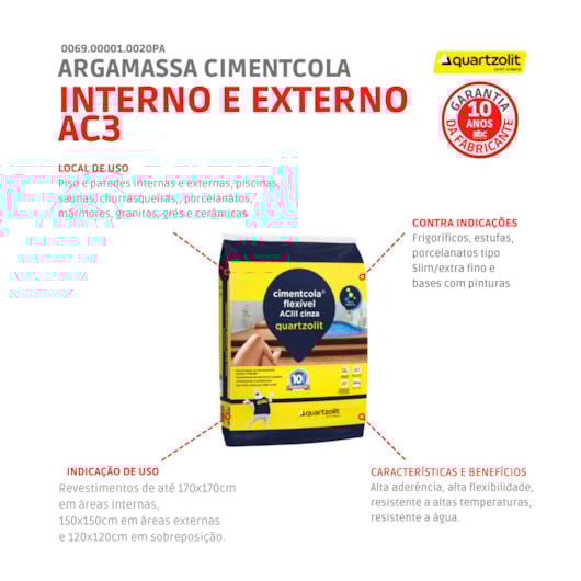 Argamassa Cimentcola Flexível Interno E Externo Ac3 Cinza Quartzolit 20kg - Imagem principal - 9e26b3c6-7fae-499c-a5f6-45b28b410123