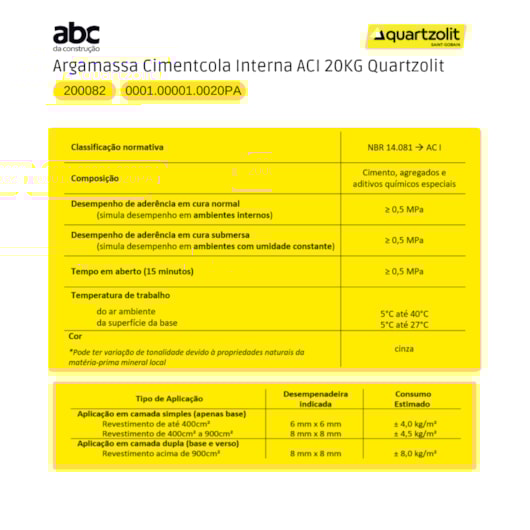 Argamassa Cimentcola Interna Ac1 20kg Quartzolit - Imagem principal - 6816a80b-376a-4fc4-b28b-f7d01a3fa0f0