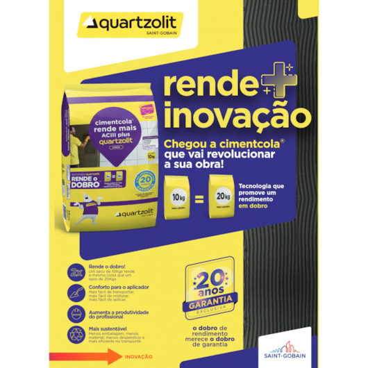 Argamassa Cimentcola Rende Mais Ac3 Plus 10Kg Quartzolit - Imagem principal - 8176db57-211f-4ed8-888c-4ffbc60ed9d8