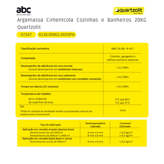 Argamassa Cimentcola Super Ac1 Cozinhas E Banheiros 20kg Quartzolit - Imagem principal - 74ceae37-557e-4f9d-abcf-e3419de9789f