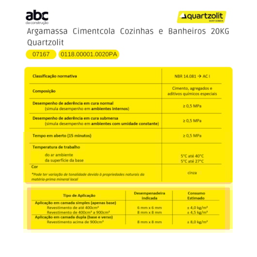Argamassa Cimentcola Super Ac1 Cozinhas E Banheiros 20kg Quartzolit - Imagem principal - 761a5a43-3190-4866-8d30-fac50971edcb