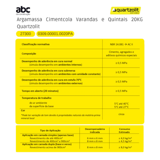 Argamassa Cimentcola Varandas E Quintais 20kg Quartzolit - Imagem principal - bf9b5342-eb1a-4534-bd2f-824961c75332