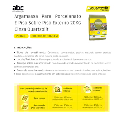 Argamassa Para Porcelanato E Piso Sobre Piso Externo 20kg Cinza Quartzolit