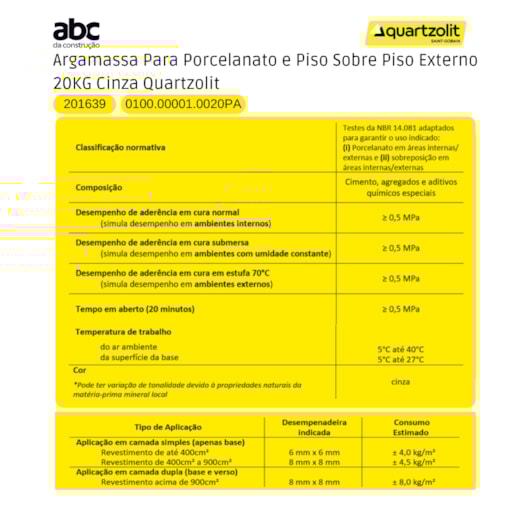 Argamassa Para Porcelanato E Piso Sobre Piso Externo 20kg Cinza Quartzolit - Imagem principal - 8befb974-4bbd-4800-899a-acbfb9e9d3ad