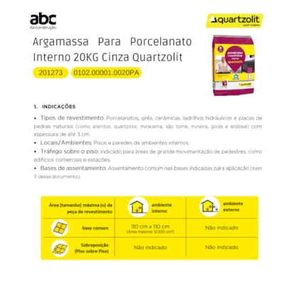 Argamassa Para Porcelanato Interno 20kg Cinza Quartzolit