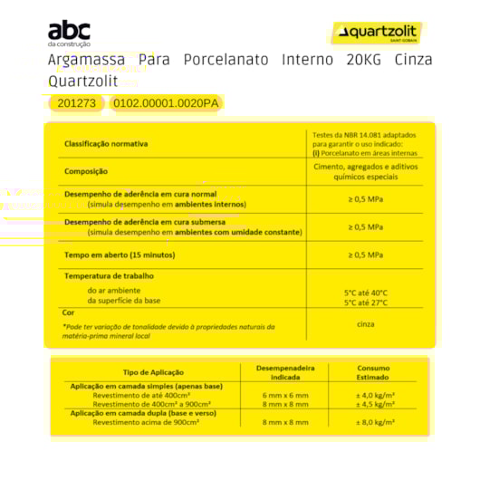 Argamassa Para Porcelanato Interno 20kg Cinza Quartzolit - Imagem principal - 5e9baab0-2a43-4e01-9a80-64fd69d80349