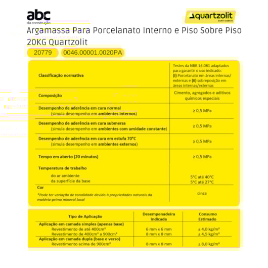 Argamassa Para Porcelanato Interno e Piso Sobre Piso Quartzolit 20KG - Imagem principal - 77ef3464-9adb-4b14-ba25-5ae04ad3f07a