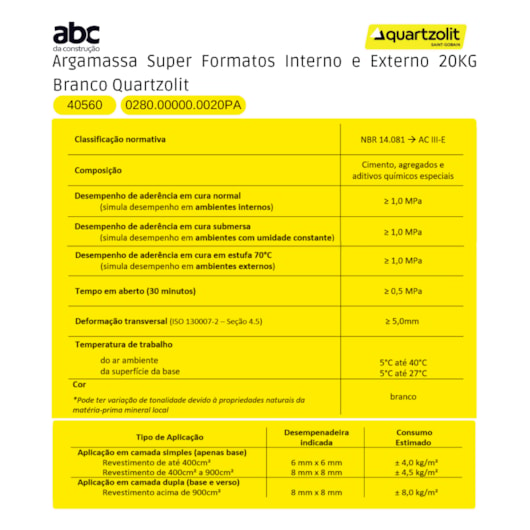 Argamassa Super Formatos Interno E Externo 20kg Branco Quartzolit - Imagem principal - 4f1622a0-0cba-4da8-b0c3-a6eddb1f8ca9