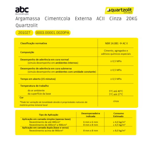 Argamassa Supercimentcola Externa Ac2 Cinza 20kg Cinza Quartzolit - Imagem principal - ec779a09-9330-4340-9a61-f9f3a70ad330