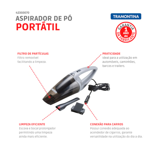 Aspirador de Pó Portátil Para Carros 70W 12V Tramontina - Imagem principal - 1c43f80f-9d46-493d-b535-e8663133a939