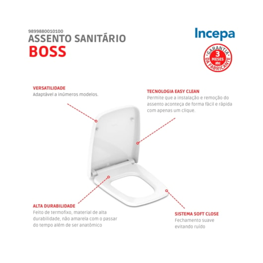 Assento Sanitário Amortecido Polipropileno Boss Branco Incepa - Imagem principal - a07ad75c-d39f-404a-8c25-fd4db4de544b