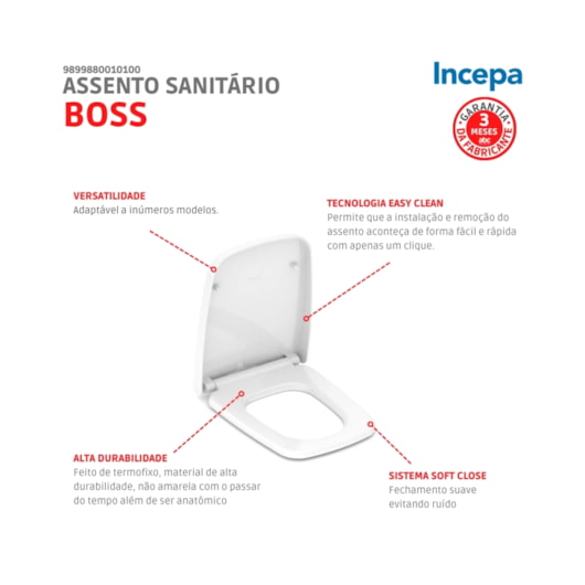 Assento Sanitário Amortecido Polipropileno Boss Branco Incepa - Imagem principal - e197f34d-04a4-4699-bc79-f7e44dc7534d