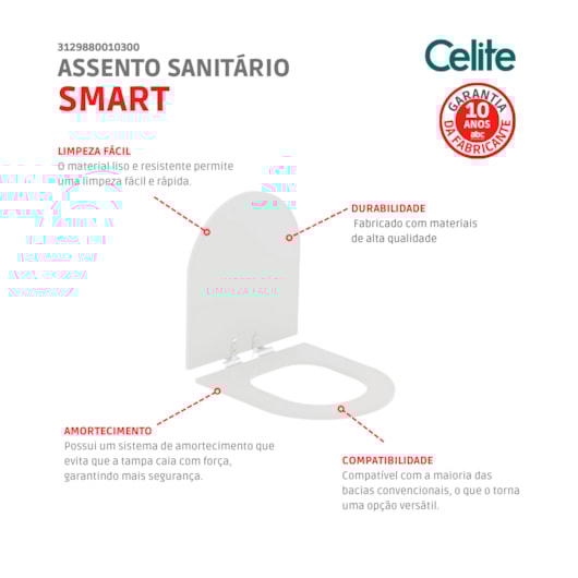 Assento Sanitário Amortecido Smart Branco Celite - Imagem principal - 308c0259-18ba-449e-8991-f0a2d27ca899