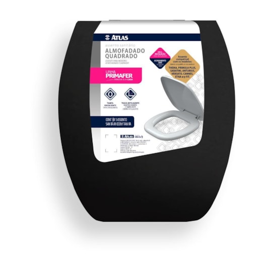 Assento Sanitário De Plástico Almofadado Quadrado Preto Atlas - Imagem principal - 5103c537-ac9c-4b0c-ba28-106fd4772e12