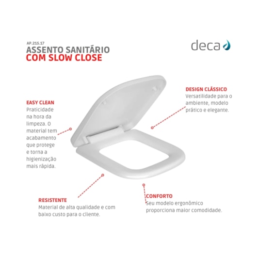 Assento Sanitário De Plástico Amortecido Quadra/Polo/Unic Branco Deca - Imagem principal - 798b1cf4-9675-4826-9a25-f24fe7f6be33