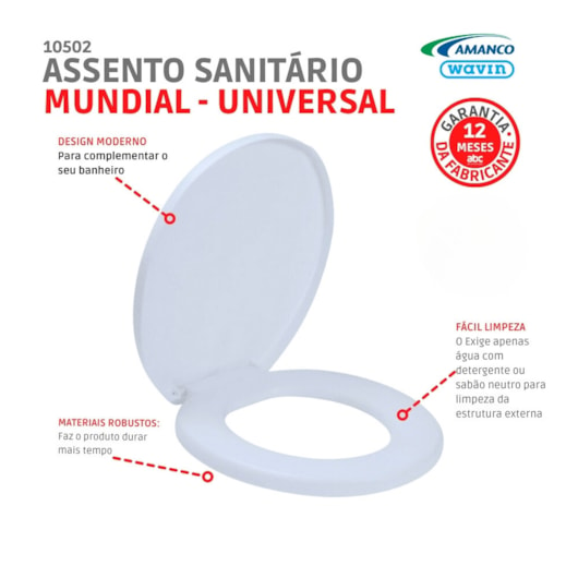 Assento Sanitário Mundial Branco Oval Universal Plástico Amanco - Imagem principal - 6a615905-7a85-4e40-a5ec-9e0f8599d487