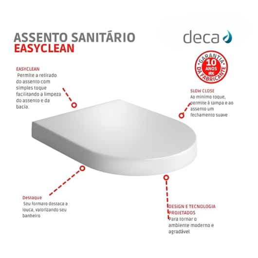 Assento Sanitário Termofixo Amortecido Easyclean Carrara/Duna/Link/Nuova/Level Branco Deca - Imagem principal - 5ee31bb9-a838-4662-ad9f-455c4ccd131b