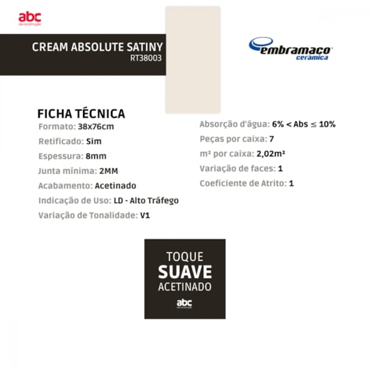 Azulejo Embramaco Cream Absolut 38x76cm Retificado - Imagem principal - 526d2a95-a9cc-4ec8-a035-c7826d99e512