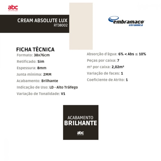 Azulejo Embramaco Cream Absolut Lux 38x76cm Retificado - Imagem principal - 1c35b6c0-5598-43ca-8d10-60e7a6397eb2