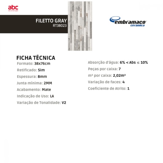 Azulejo Embramaco Filetto Gray 38x76cm Retificado  - Imagem principal - 687ee2c4-73dd-4063-9aac-31d0f3f34db1