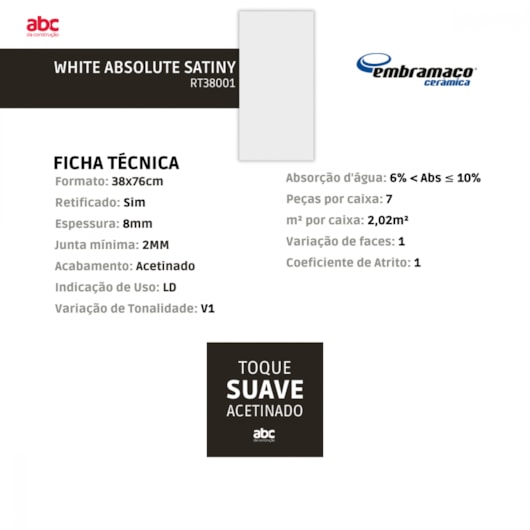 Azulejo Embramaco White Absolute Satiny 38x76cm Retificado - Imagem principal - 9070646a-32d6-4ff6-bfc3-9bea33961e1a