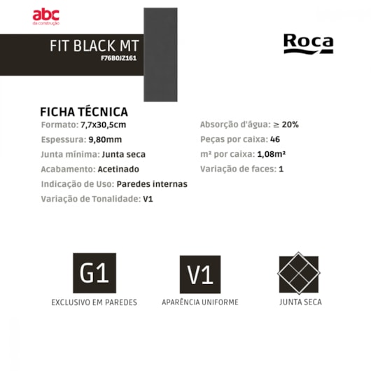 Azulejo Roca Fit Black Acetinado 7,7x30,5cm Retificado - Imagem principal - 435dbca7-ce69-4e45-b2e3-d07dae052998