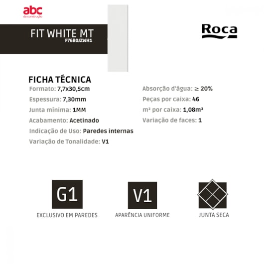 Azulejo Roca Fit White Acetinado 7,7x30,5cm Retificado - Imagem principal - 27f282c6-aa95-4d80-a8d5-d42b9b0529ee