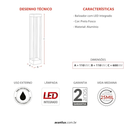 Balizador Led Effect Ip65 Preto Fosco 12w Emissão De Luz Amarela 2700k Bivolt Avant - Imagem principal - c3298922-266d-4ab0-9abe-aab1e4f177f1